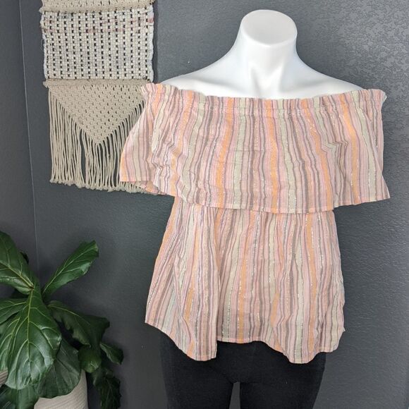 New Lucky Brand Metallic Off Shoulder Shirt - Picture 3 of 8